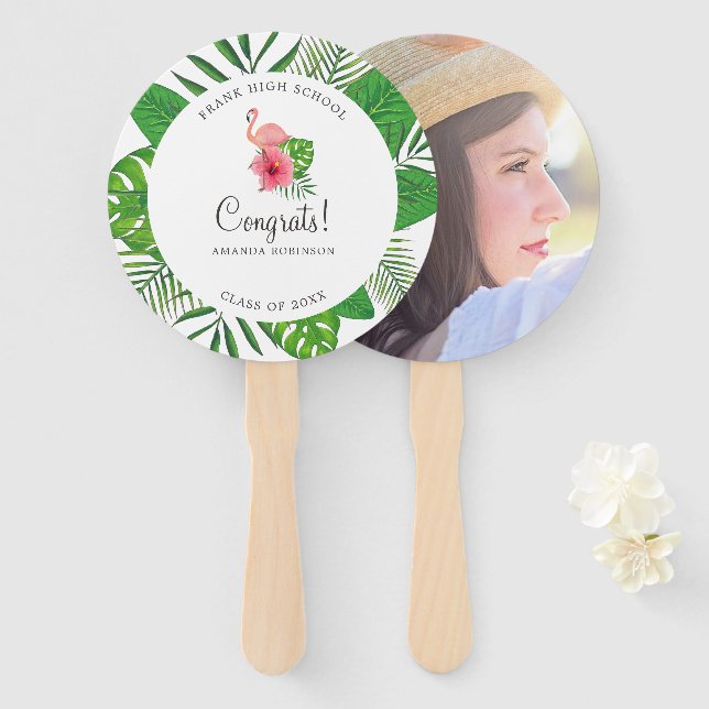 Leque Foto rosa Flamingo Watercolor Luau Graduação (Frente e Verso)
