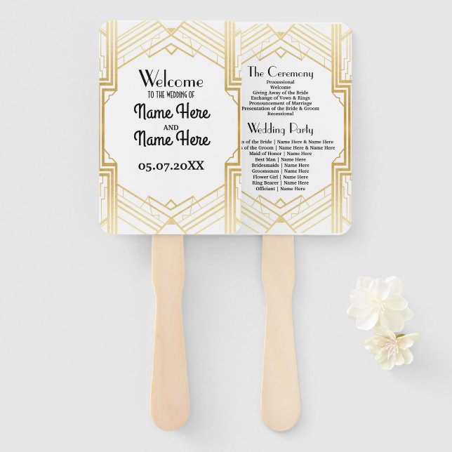 Leque Gatsby White Art Deco Weding Program Fan (Frente e Verso)