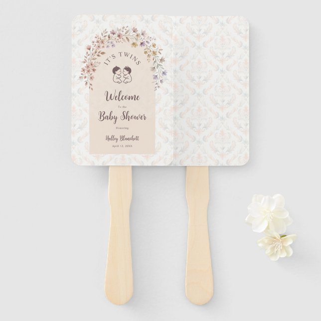 Leque Gêmeos Caprichosos Chamada para Chá de Bebê Floral (Frente e Verso)