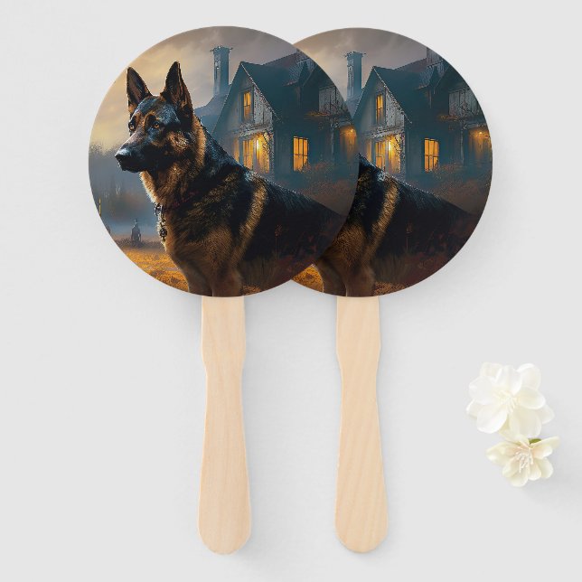 Leque German shepherd de Halloween assustado (Frente e Verso)