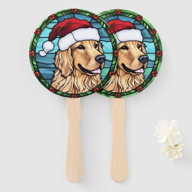 Leque Golden Retriever Vidro Colorido Natal (Frente e Verso)