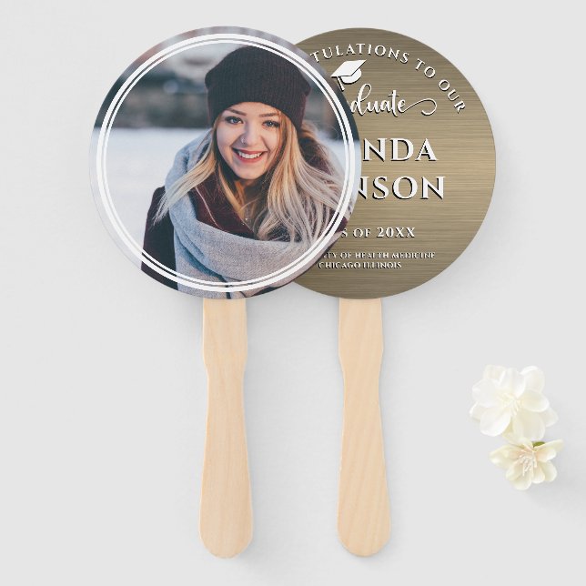 Leque Graduação Castanho Metálico de Foto do Formando Mo (Frente e Verso)