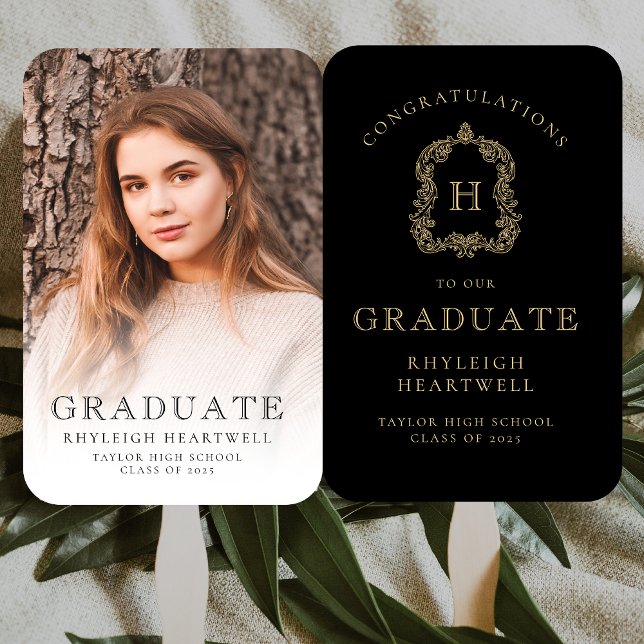 Leque Graduação de Foto Dourada a preto monograma (Criador carregado)