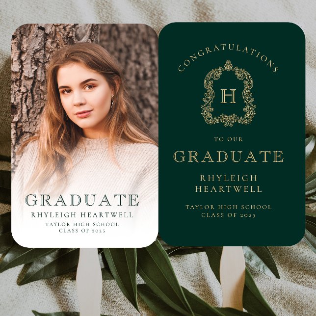 Leque Graduação de Foto Dourada Verde Monograma (Criador carregado)