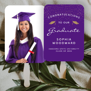 Leque Graduação Dourada Púrpura de Foto Personalizada