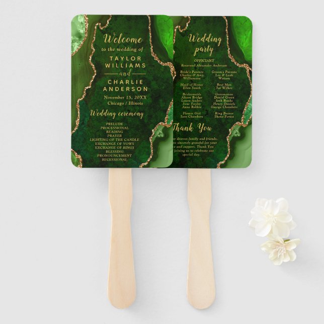 Leque Green and Gold Agate Wedding Program (Frente e Verso)