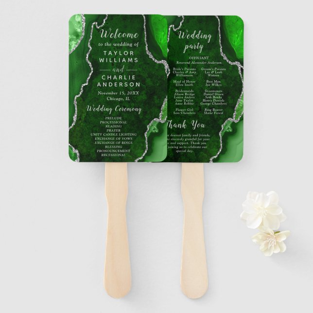 Leque Green and Silver Agate Wedding Program (Frente e Verso)