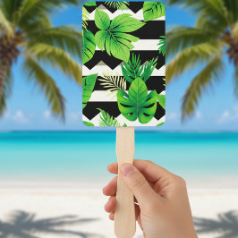 Leque  Green Leaves on B&W Stripes Fans - Modern