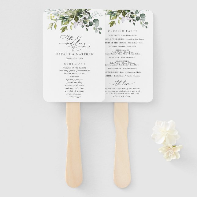 Leque Greenery, Eucalyptus Leaves, Programa Casamento (Frente e Verso)