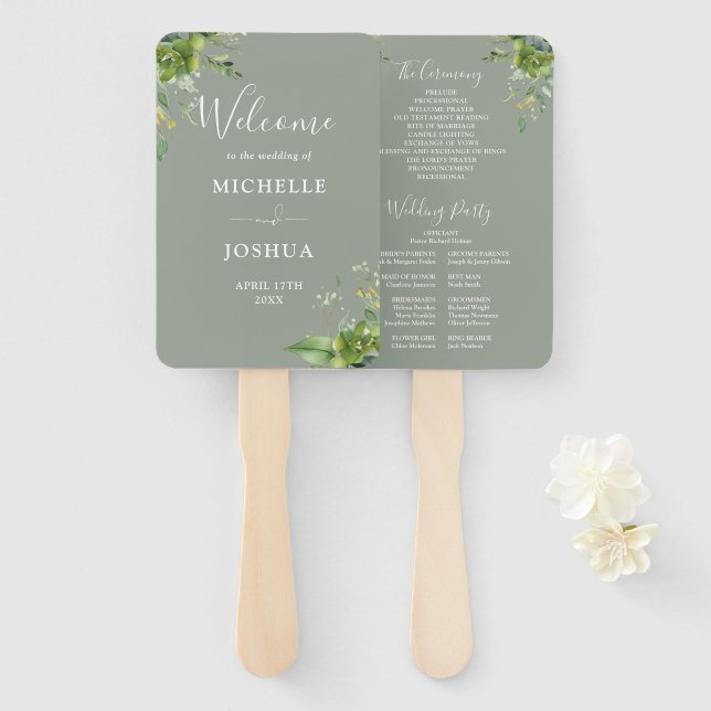 Leque Greenery Floral Elegant Sage Green Wedding Program (Frente e Verso)