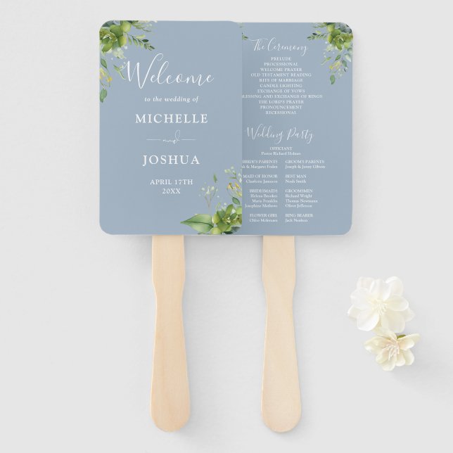 Leque Greenery Floral Elegante Dusty Blue Weding Program (Frente e Verso)