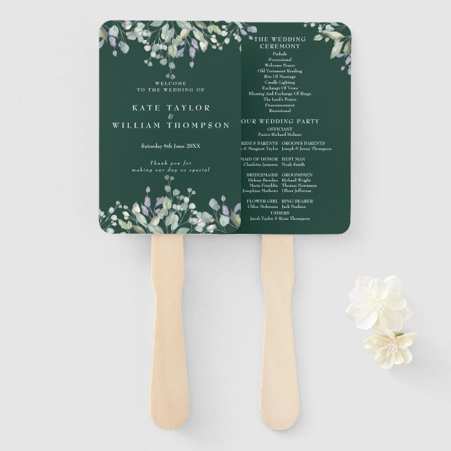 Leque Greenery Floral Emerald Green Wedding Program (Frente e Verso)