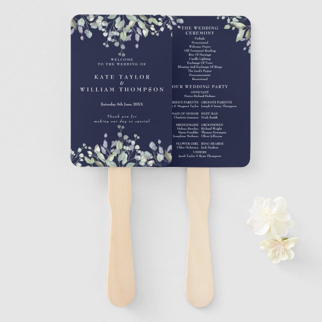 Leque Greenery Floral Navy Blue Wedding Program (Frente e Verso)