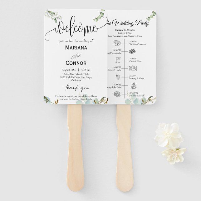Leque Greenery Script Timeline Program Invitation (Frente e Verso)
