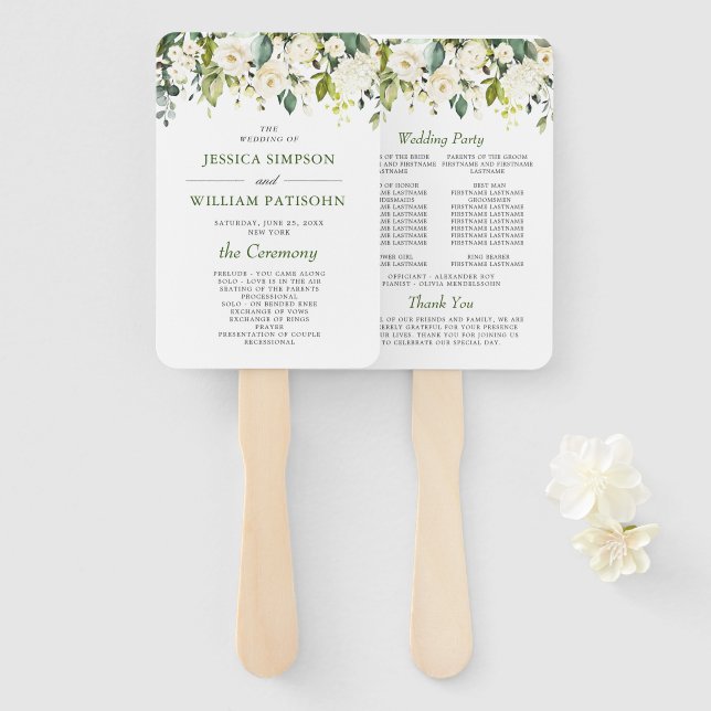 Leque Han do Programa Elegante Eucalyptus White Roses We (Frente e Verso)