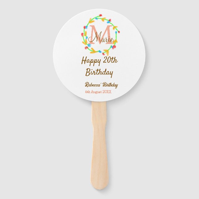 Leque Happy 20th Birthday red add name monogram wreath (Frente)