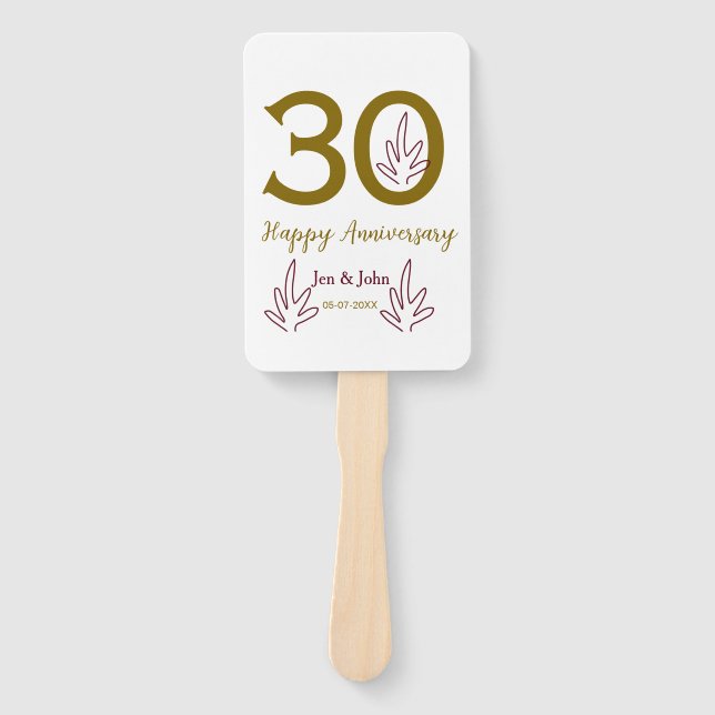 Leque Happy 30th anniversary name date golden red leaf (Frente)