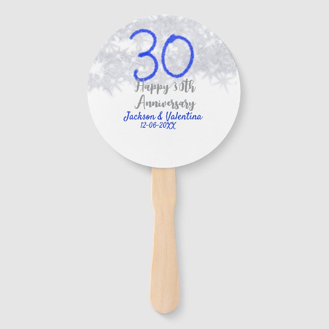 Leque Happy 30th wedding anniversary silver blue glitter (Frente)