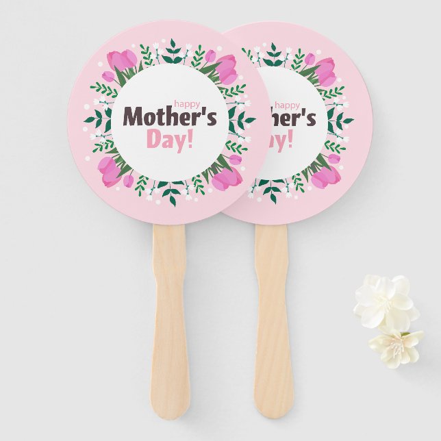 Leque Happy Mother's Day  Pink Tulips (Frente e Verso)