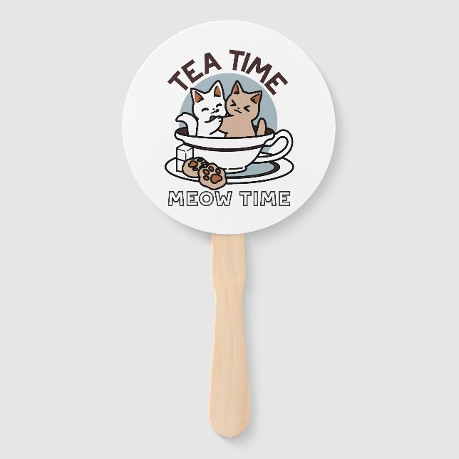 Leque Hora do Tea Meow - Design de Gato e Chá (Frente)