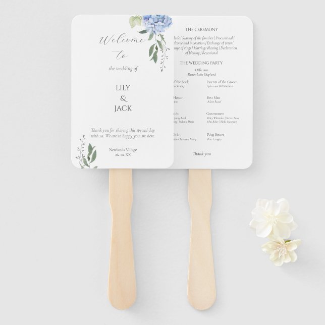 Leque Hydrangea branca e azul Elegante Conjunto de venti (Frente e Verso)