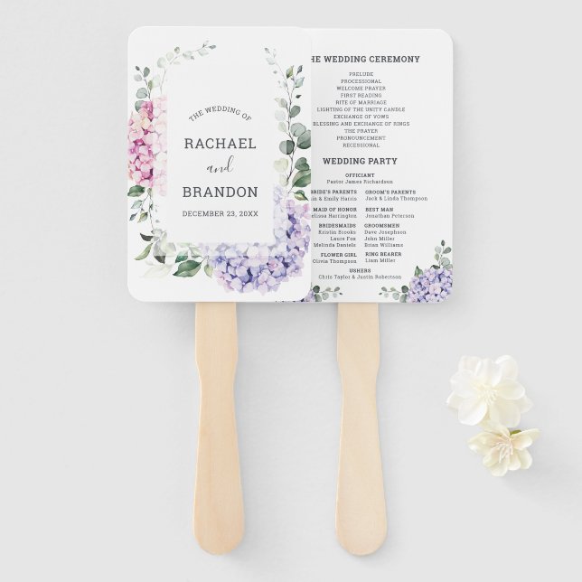 Leque Hydrangeas Rosa Azul Claro e casamento Eucalyptus (Frente e Verso)