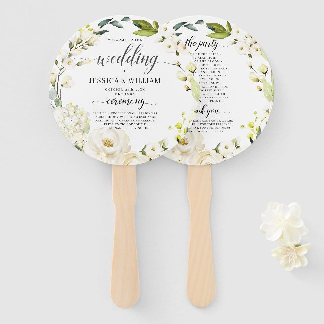 Leque Ivory White Roses Greenery Floral Weding Program (Frente e Verso)