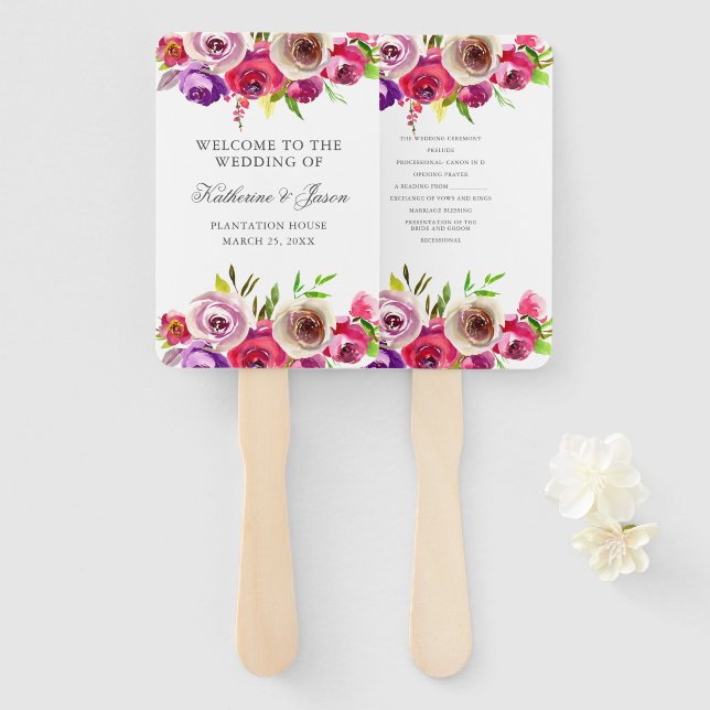 Leque Jardim de Rosas Românticas Flor de Cor-de-rosa Fúc (Frente e Verso)