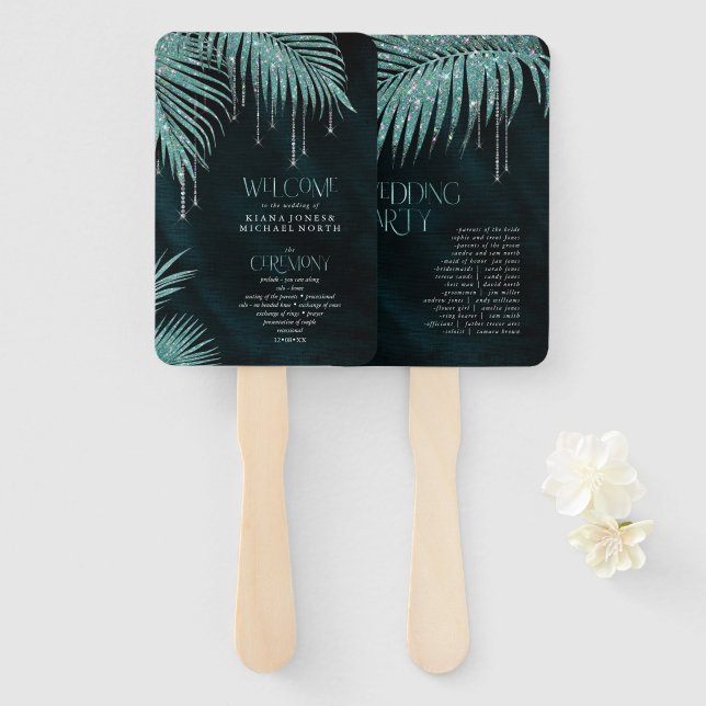 Leque Jewel Palm Leaf Ceremony Program Teal ID830 (Frente e Verso)