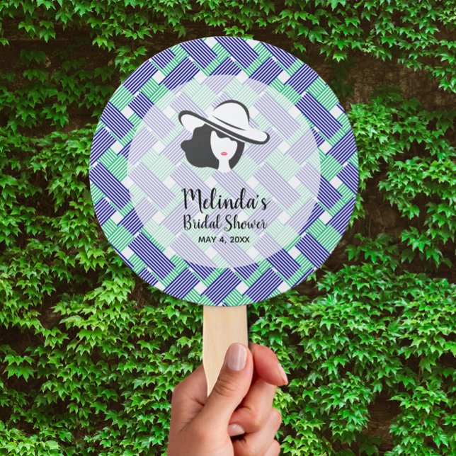 Leque Lady Big Hat em Blue Stripes Derby (Lady in big hat on blue, green and white stripes Derby-themed bridal shower hand fans)