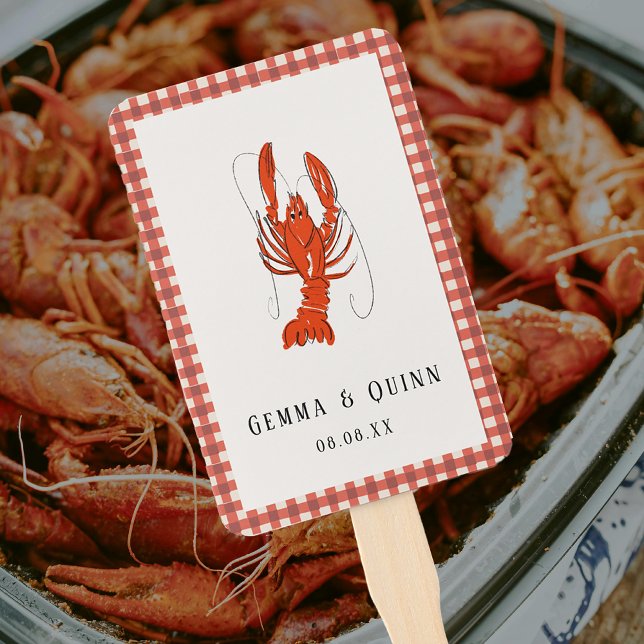 Leque Lagosta Cozida de Gingham Vermelho Cajun Verão (Red Gingham Boiled Crawfish Cajun Summer Hand Fan)