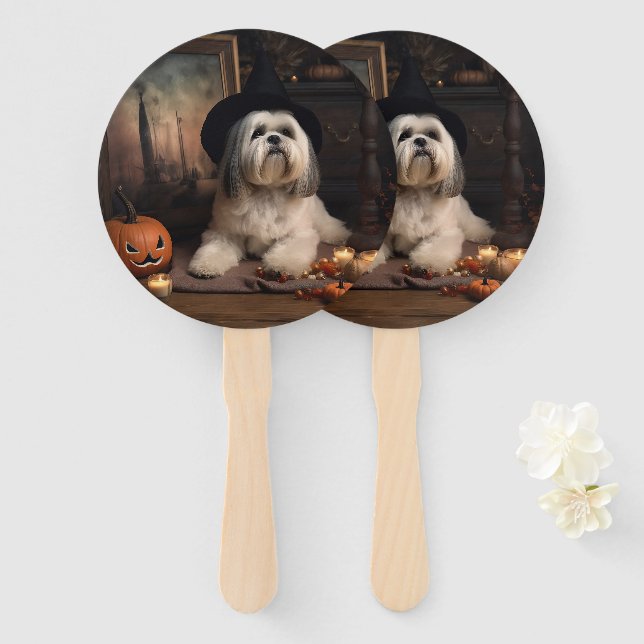Leque Lhasa Apso Abóboras Dia das Bruxas Assustador (Frente e Verso)