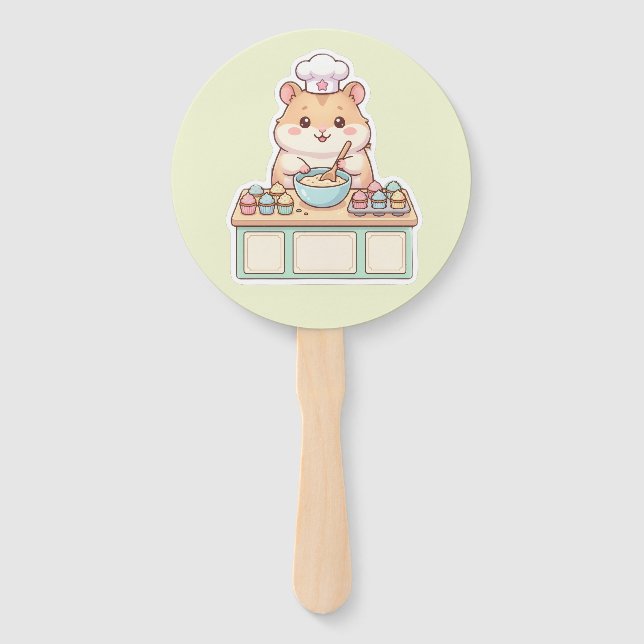 Leque Lindo Hamster Kawaii Chef Assando Cupcakes Pastel  (Frente)