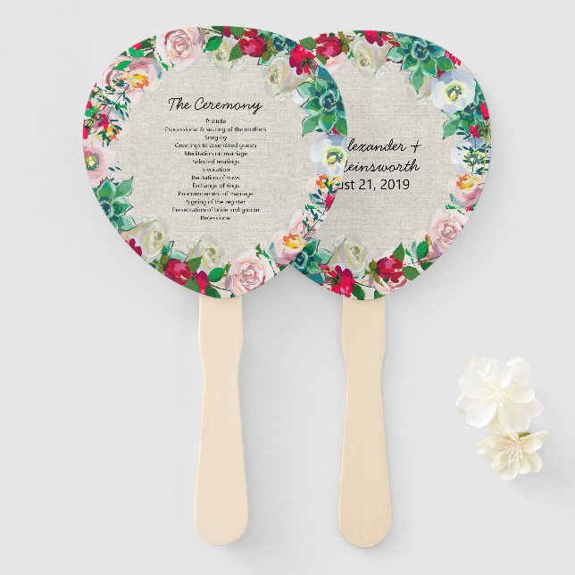 Leque Linen Look Floral Wreath Wedding Program Fan (Frente e Verso)