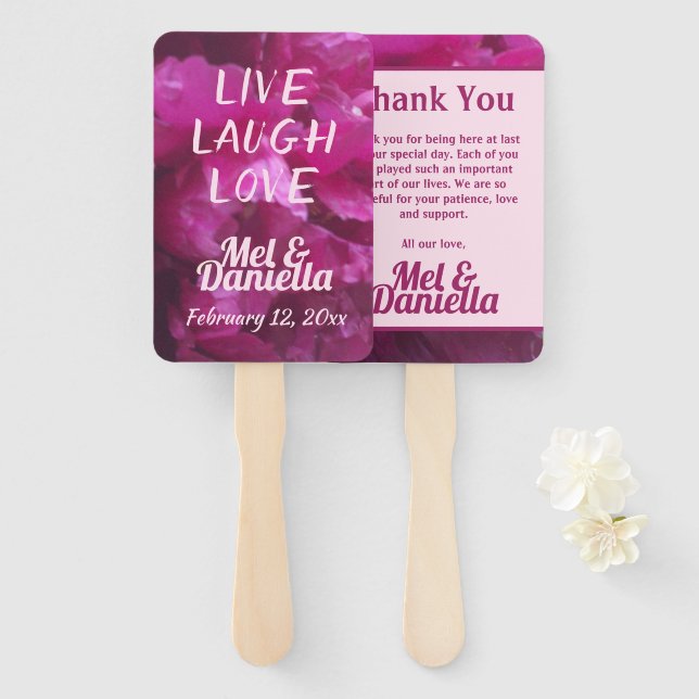 Leque Live Laugh Love Purple Peony Casamento Obrigado (Frente e Verso)