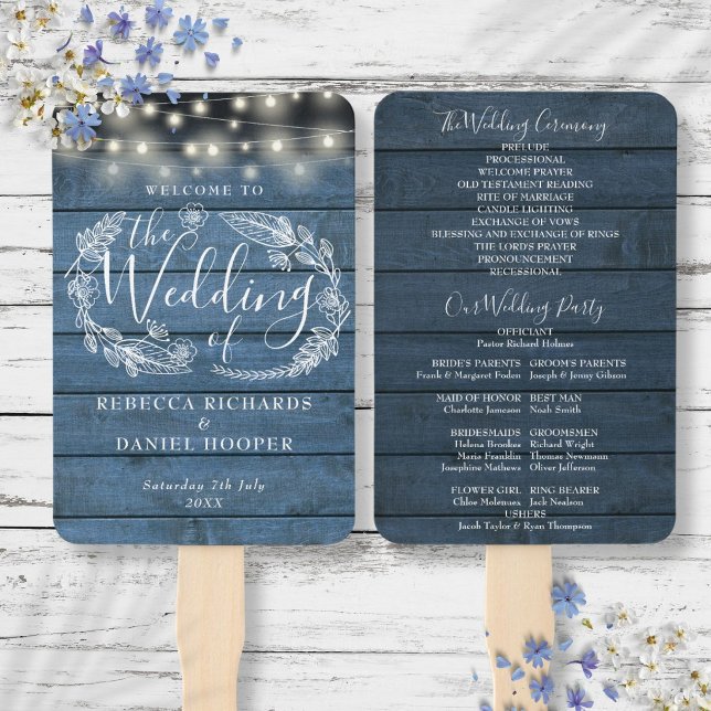 Leque Luzes de Corda Florais Rústicas Azuis Programa de  (Blue Rustic Floral String Lights Wedding Program Hand Fan)