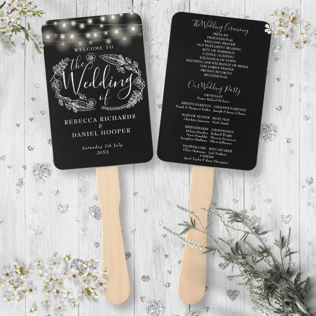 Leque Luzes de Corda Pretas e Brancas Programa de Casame (Black And White String Lights Wedding Program Hand Fan)