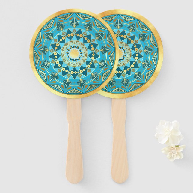 Leque Mandala azul dourado em Fundo de Ouro Suave (Frente e Verso)