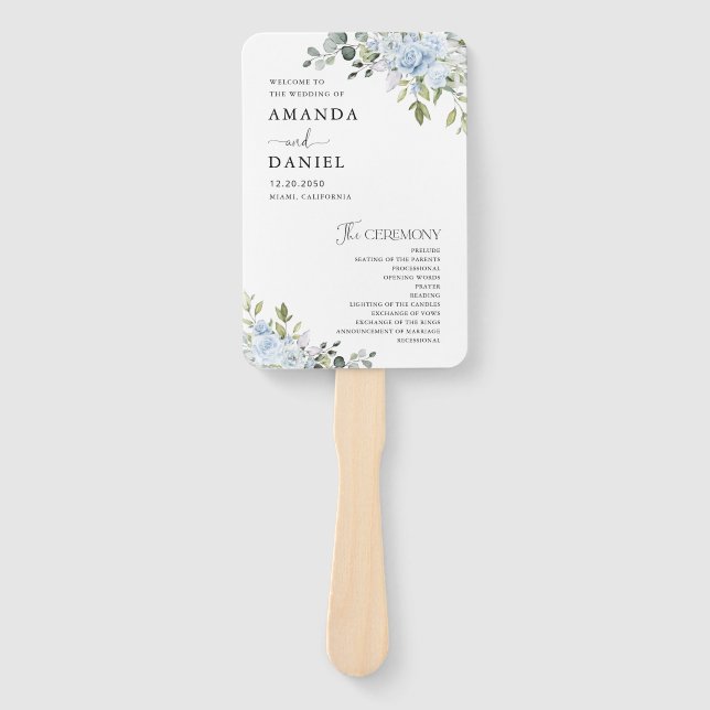 Leque Mão de Programa de Casamento Floral Eucalipto Azul (Frente)