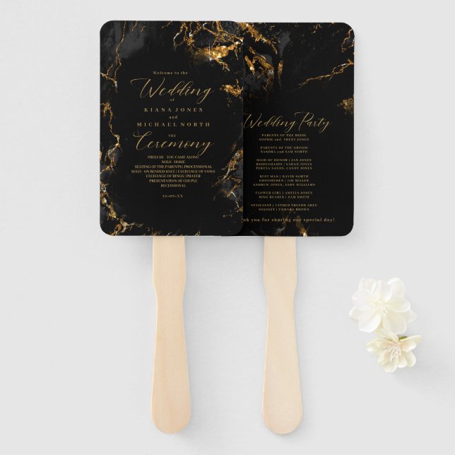Leque Marble Glitter Wedding Program Black Dourado ID644 (Frente e Verso)