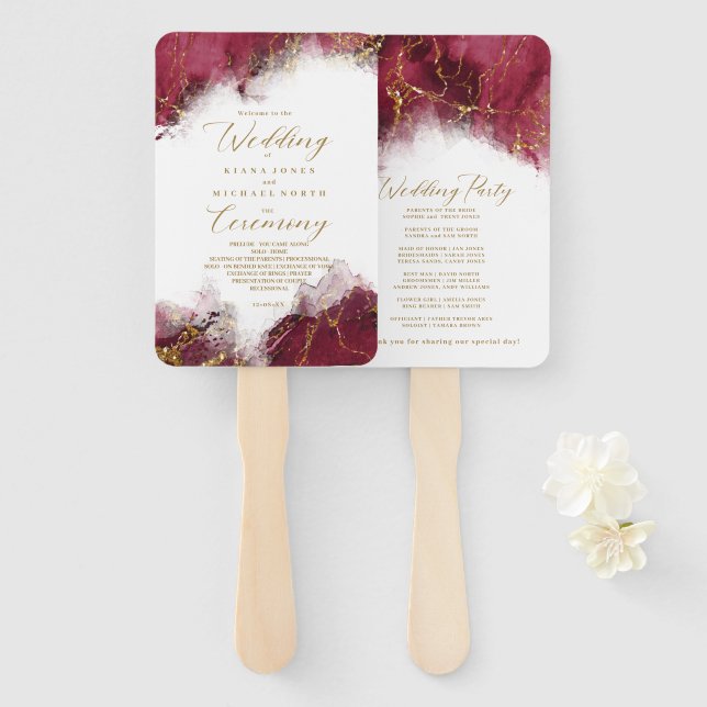Leque Marble Glitter Wedding Program Burgundy ID644 Dour (Frente e Verso)