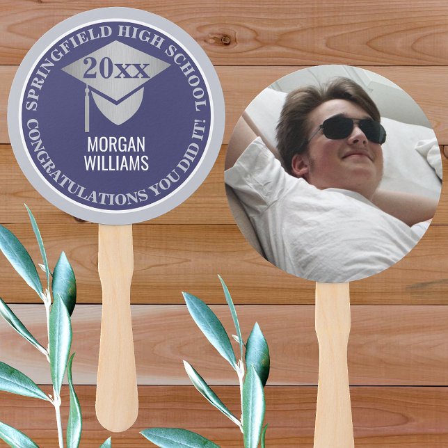 Leque Marinho de Graduação Parabéns de Foto Silver Azul (Criador carregado)