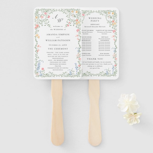 Leque Meadow Pastel French Rosas Floral Weding Program (Frente e Verso)