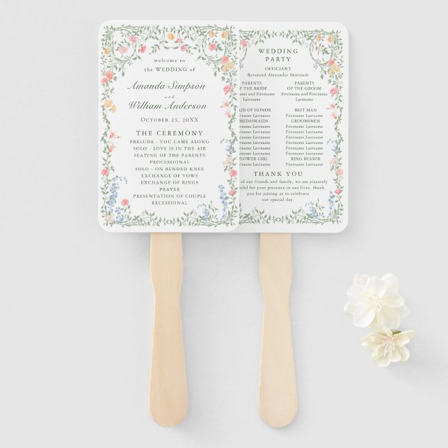 Leque Meadow Pastel French Rosas Floral Weding Program (Frente e Verso)
