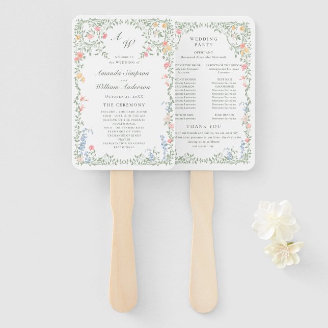 Leque Meadow Pastel French Rosas Floral Weding Program (Frente e Verso)
