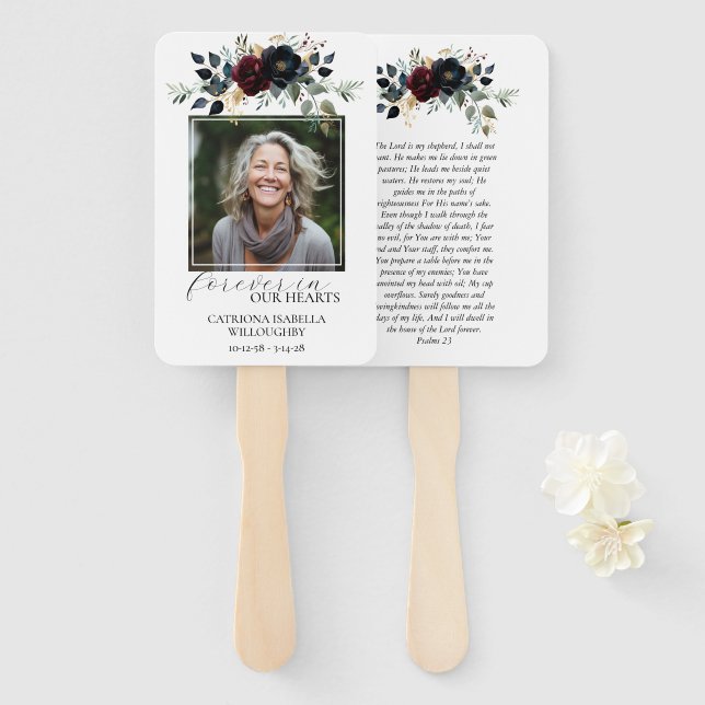 Leque Memorial de Fotografia Floral do Marinho Burgundy (Frente e Verso)