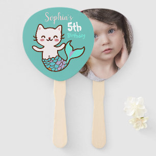 Leque Menina Aniversário Gata Sereia Fofa Foto Azul Meow