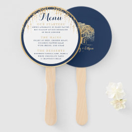 Leque Menu de Casamento Dourado Azul do Marinho de Árvor