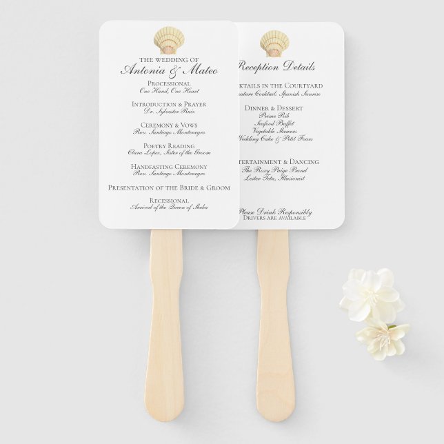 Leque Menu do Programa de Casamento Seashell do Solteiro (Frente e Verso)