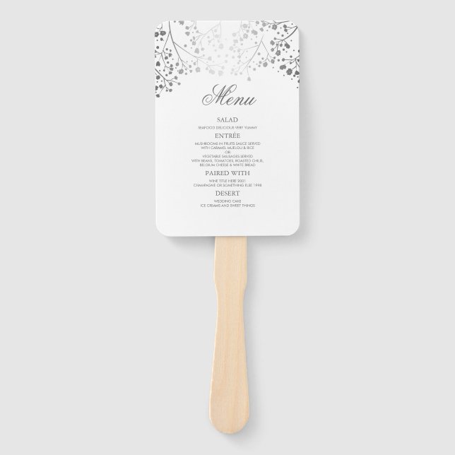 Leque Menus de Casamento de Prata e Branco (Frente)